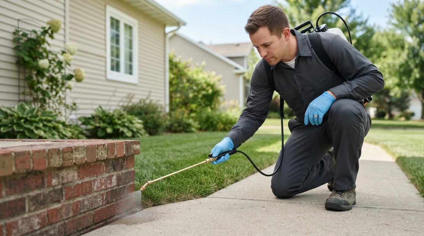 Pest control technician treating a home near Plymouth, NE