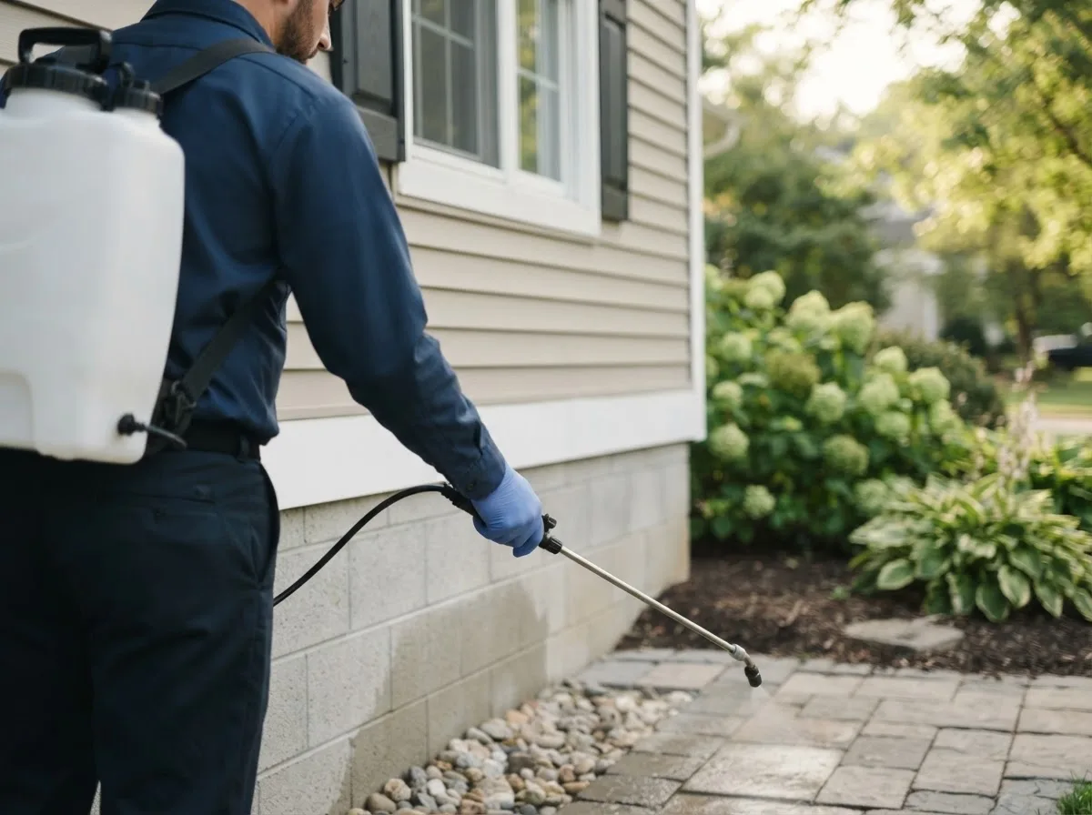 Pest control technician inspecting a home in Plymouth, NE